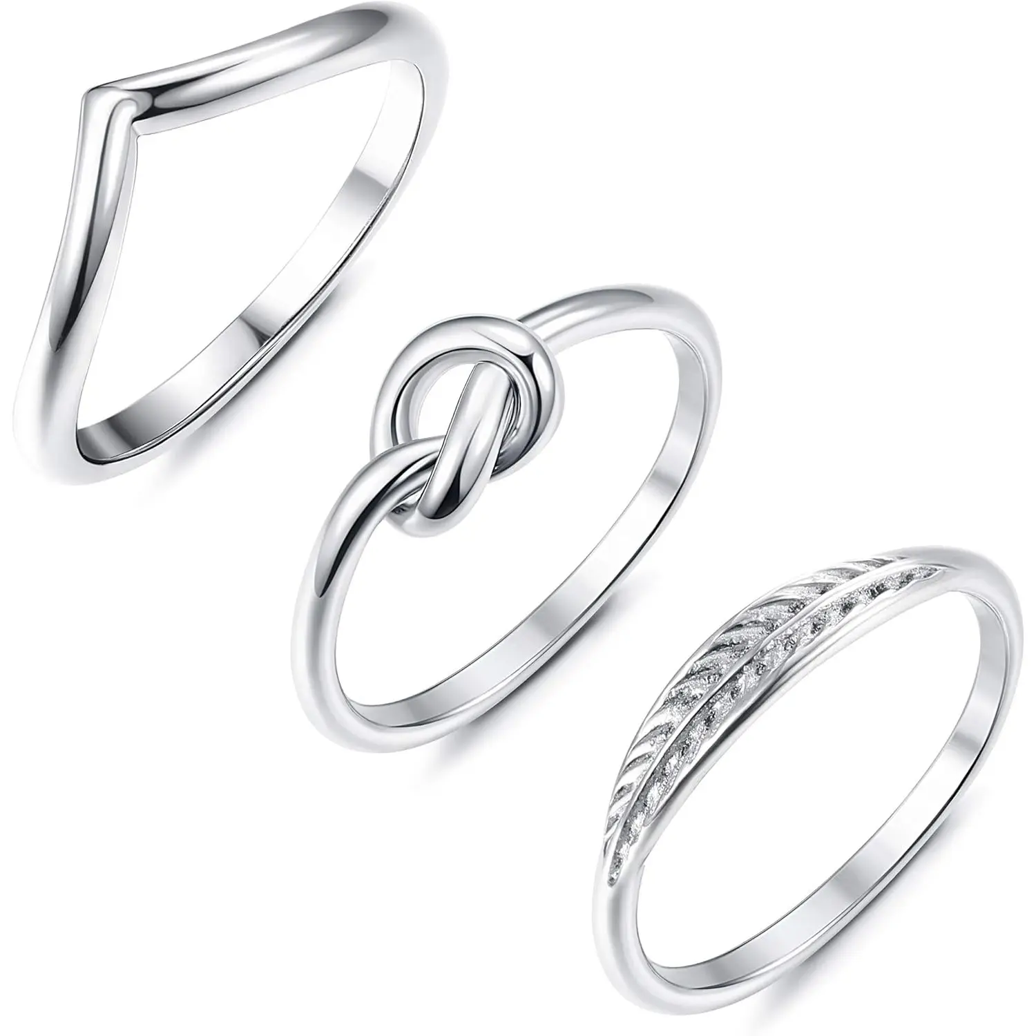 Women's FINREZIO 3-Pcs Silvery Stainless Steel Interlocked Stackable Thumb Bands - Simple Cute Delicate Wave Layering Rings, Female Fashion Daily Mix-Match Stacks Set