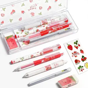 Cute Strawberry Pens Set Include Kawaii 0.5mm Strawberry Mechanical Pencil,Mechanical Pencil Lead Refills,Erasers,Gel Pens,Stickers,Strawberry Stationery Set for Office School Supplies