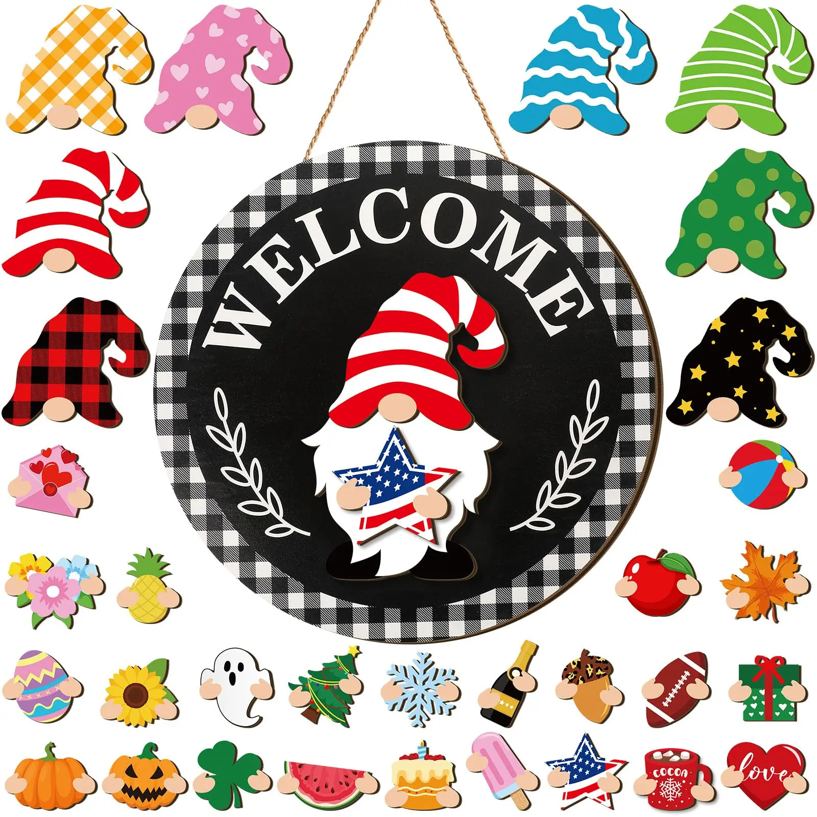 DIY Gnome Welcome Sign Kit - 32 Pieces Magnetic Interchangeable Wooden Wall Hanging/Door Hanger, 1 Round Welcome Base Sign, 8 Varied Gnome Hats, 24 Decorative Handheld Cutouts, Year-Round Farmhouse Buffalo Check Front Porch Decor