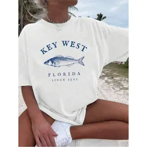 Women's Casual T-Shirt With Retro Fishing Print Pattern, Summer 100% Cotton Fish Print Round Neck Shorts