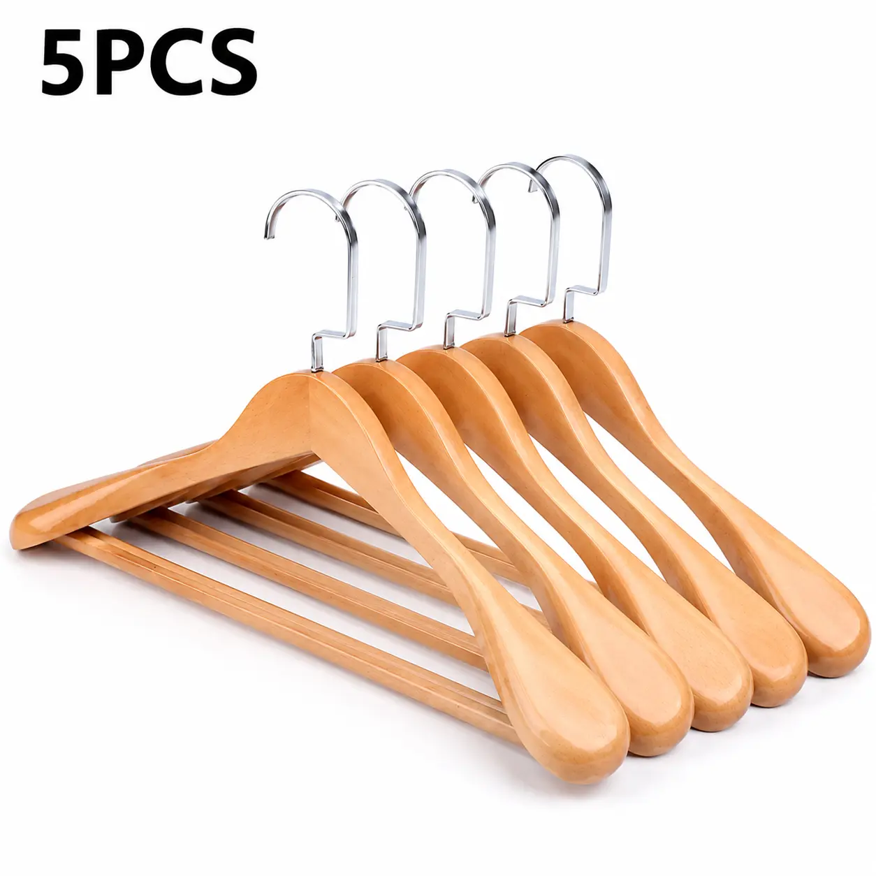 5-Piece Premium Wooden Clothes Hanger Set – Wide Shoulder Heavy Duty Suit Coat Jacket & Pants Hangers with Trouser Bar