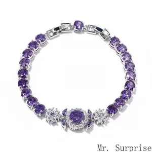 Women's Luxury Amethyst Purple Crystal Tennis Bracelet - Elegant Silver-Tone Statement Costume Jewelry