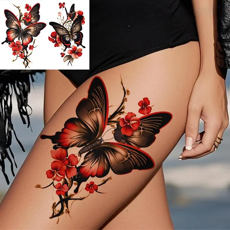 2 Waterproof Butterfly and Peach Blossom Temporary Tattoos, Realistic Design for Arm and Leg, Perfect for Adult Festivals and Parties, Aesthetic Tattoo Merch, Tattoo Sticker