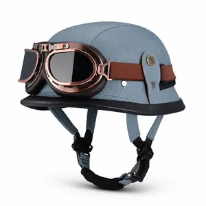 QUICKOOL DOT Approved Vintage German-Style Half Helmet with Goggles, Low Profile Open Face Motorcycle Helmet for Cruiser Chopper Scooter