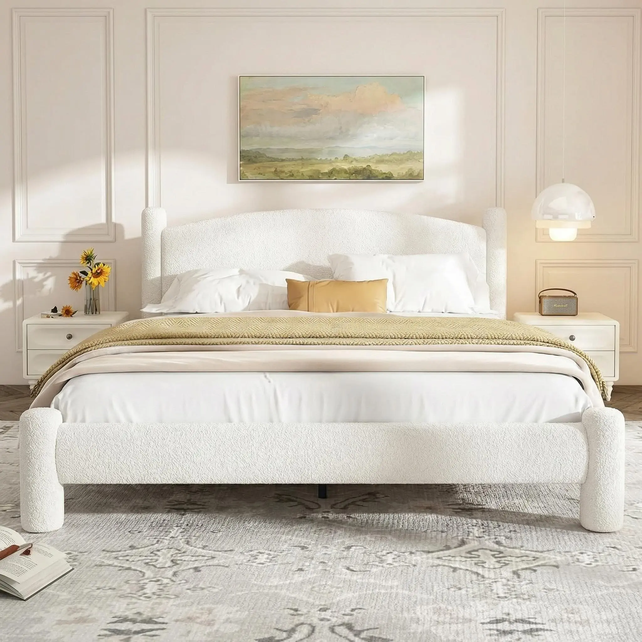 Queen Size Cloud Bed Frame Boucle Upholstered Platform with Soft Round Headboard and Cylindrical Legs Heavy Duty Noise Free No Box Spring, White