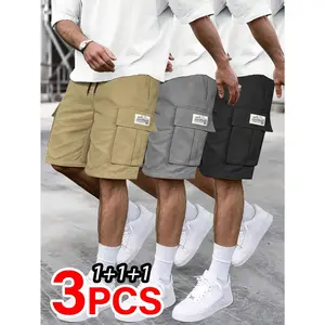 3 Pack Men Multi Pocket Workwear Shorts Solid Color Elastic Drawstring Waist Loose Straight Summer Casual Cropped Shorts Multi Side Pockets Daily Outdoor Utility Shorts