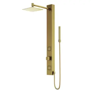 Orchid Brushed Gold Shower Panel – Square Rainfall Head, 2 Body Jets, Hand Shower, Retro-Fit Design, 1.8 GPM Flow, Stainless Steel Spa Upgrade