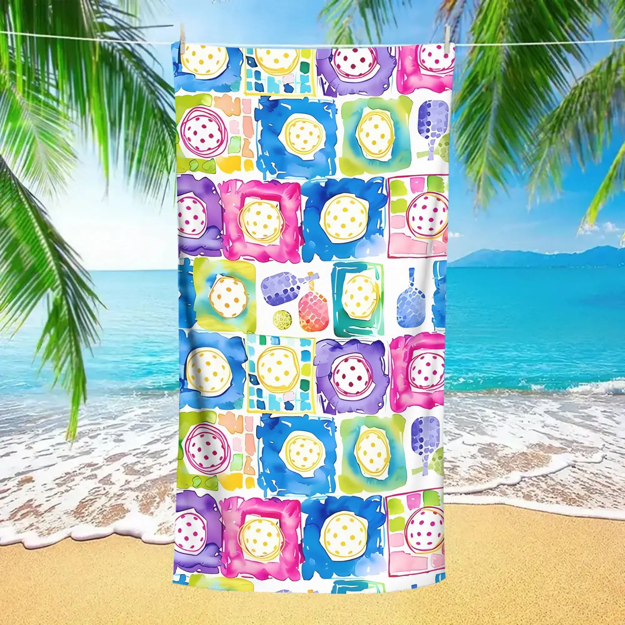 1pc Quick-Dry Soft Microfiber Beach Towel, Suitable for Travel, Pool, Camping, And Seaside - Vibrant Watercolor Pickleball Pattern, Compact Rectangular Towel, Suitable for Pool Days, Bathing, And Swimming Additions