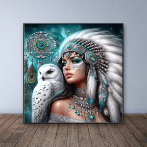 Indian Girl & Owl Pattern DIY Diamond Art Painting Kit without Frame, DIY 5D Diamond Arts Painting Kit, Wall Art Decor for Home Living Room Bedroom, Artificial