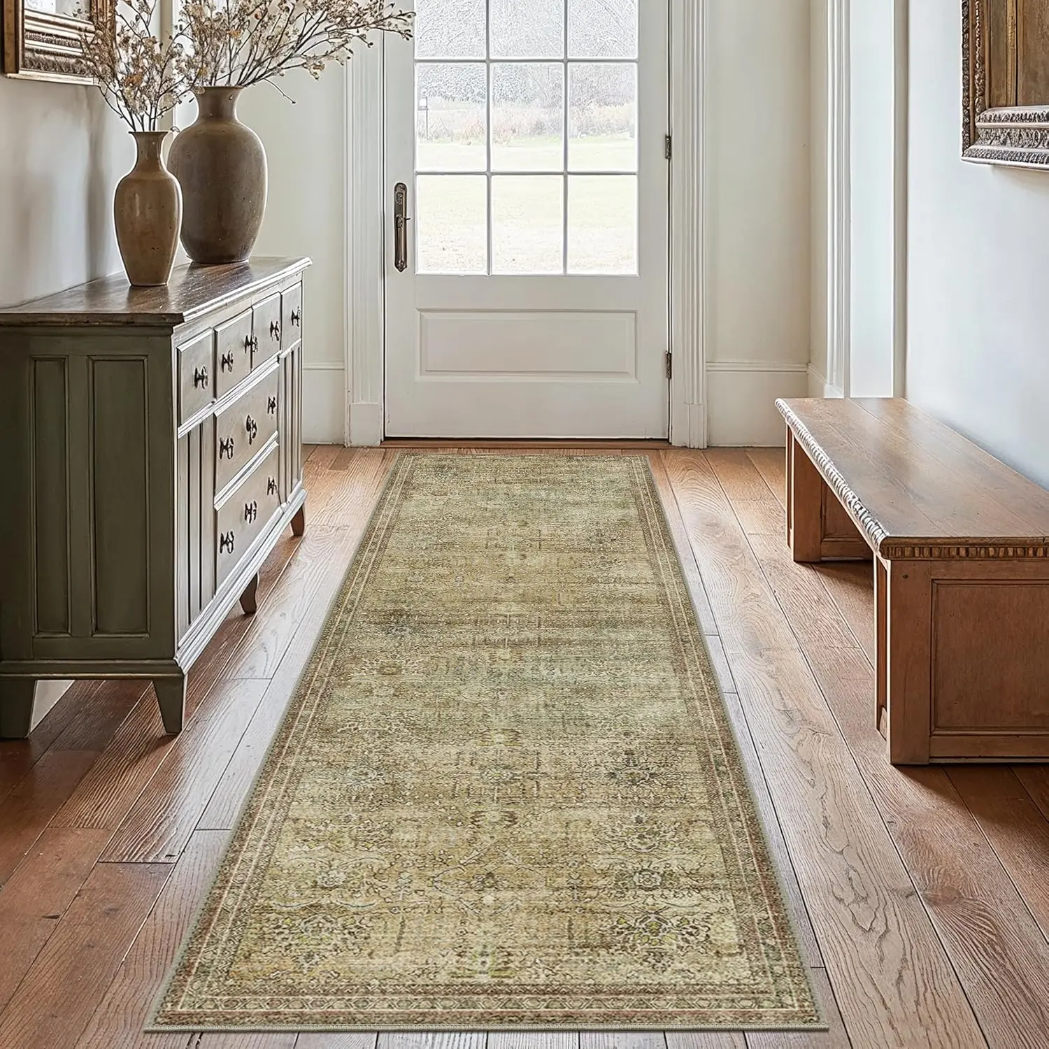 2x5 Hallway Runner Rug, Machine Washable Boho Vintage Runners Non Slip, Printed Thin Low Pile Lightweight Chenille Carpet Runner for Entryway, Kitchen, Bathroom, Bedroom, Taupe/Brown