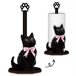 Black Cat-Shaped Wooden Kitchen Paper Towel Holder, Tissue Holder, Countertop Standing Paper Towel Dispenser, Multifunctional Paper Towel And Cling Film Roll Organizer, Suitable For Kitchen Countertops