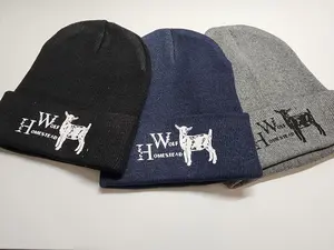 Wolf Homestead Logo Beanie - Navy Blue, Gray & Black - Soft Durable Fabric - Bold Goat Emblem - Signature Text - Cozy Rustic Charm
