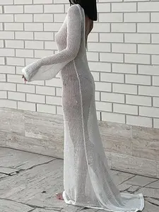 Sexy Backless Long Sleeve Sheer Beach Maxi Dress, Solid Color Hollow Out Cover-Up, Knit Cover Up, Casual Fitted Summer Dress for All Seasons, Beach Cover Ups