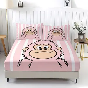Monkey Pattern Fitted Sheet, Soft And Comfortable Bedding Set (1 Sheet + 2 Pillowcases, No Pillow Core), Suitable For Teenagers And Adults, In Guest Rooms, Dormitories, And Master Bedrooms