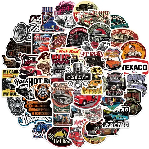 Classic Car Pattern Sticker, 50pcs/set Cartoon Vinyl Waterproof Sticker, Decorative Sticker for Laptop, Guitar, Motorcycle, Bike, Skateboard, Luggage, Phone, Hydro Flask, Decoration Ornaments, Decal Set