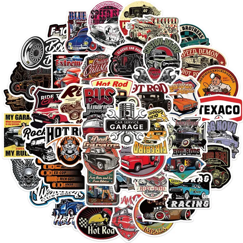 Classic Car Pattern Sticker, 50pcs/set Cartoon Vinyl Waterproof Sticker, Decorative Sticker for Laptop, Guitar, Motorcycle, Bike, Skateboard, Luggage, Phone, Hydro Flask, Decoration Ornaments, Decal Set