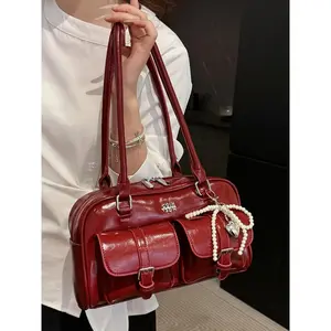 Retro versatile casual baguette bag, double pocket design, practical   fashionable shoulder handbag, niche design light luxury texture baguette bag, versatile and multi-color optional, suitable for shopping, dating and other wear