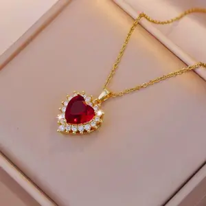 14k Gold Plated Necklace Heart Pendant with Micro Ruby Stone, New Jewelry for Women, Daily and Party Wear, High-end Versatile Style, Reasonable Price