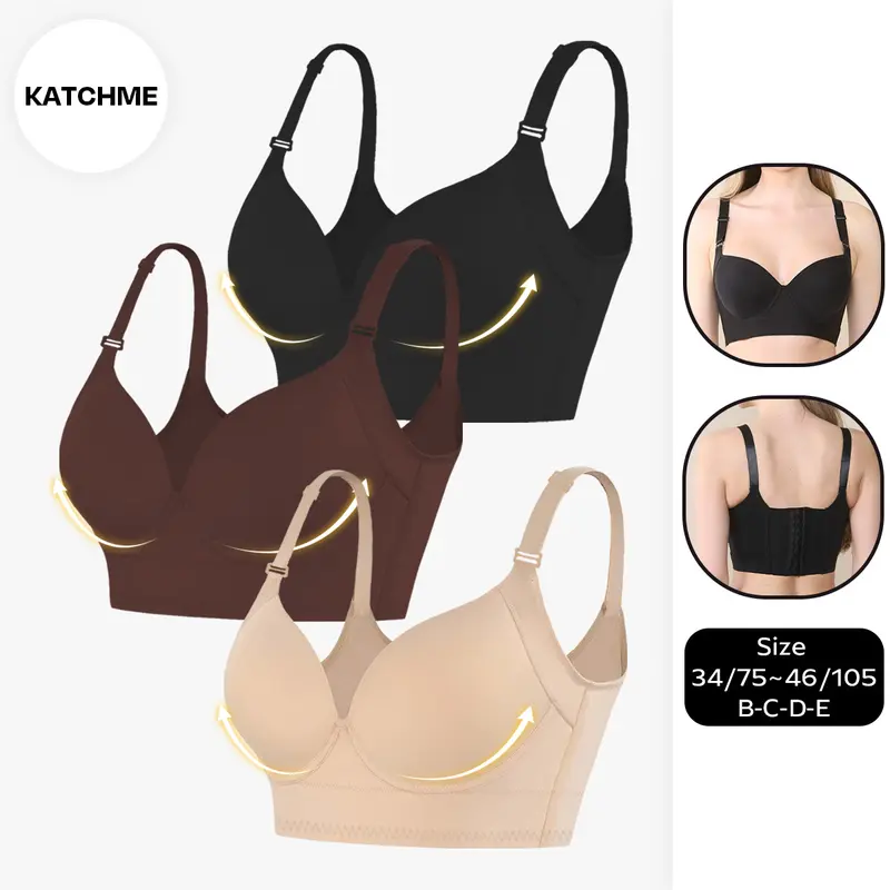 KatchMe Women's Versatile Solid Color Adjustable Straps Soft Breathable Underwire Push-Up Bra,Sexy Deep V Wide Straps Underwear,Comfort Womenswear