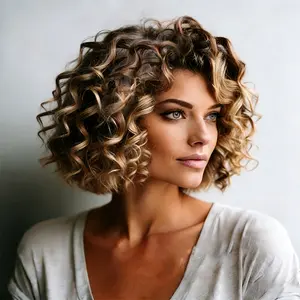 Women's wig, fashionable multi-layered short voluminous hair, water wave curls, paired with a rose net cap, perfect density, suitable for festivals and parties.