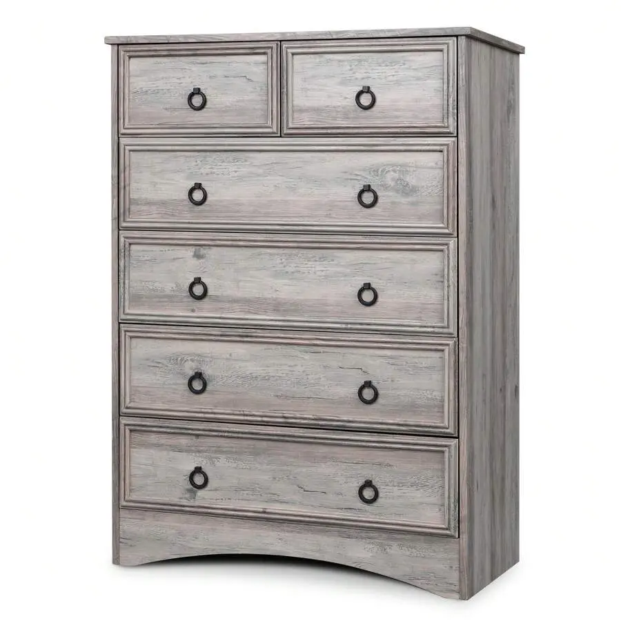 Grey /White/ Cherry Wood 6 Drawers Dresser,  Tall Wood Chest Of Drawers, Storage Organizer For Clothes, Grey Vintage, For Living Room, Bedroom, Hallway