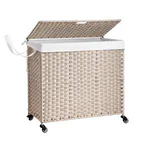 Laundry Hamper With Lid PE Rattan Powder Coating Frame Clothes Hampers with 02 Removable Bags, Wheels, 160L, Gray Color