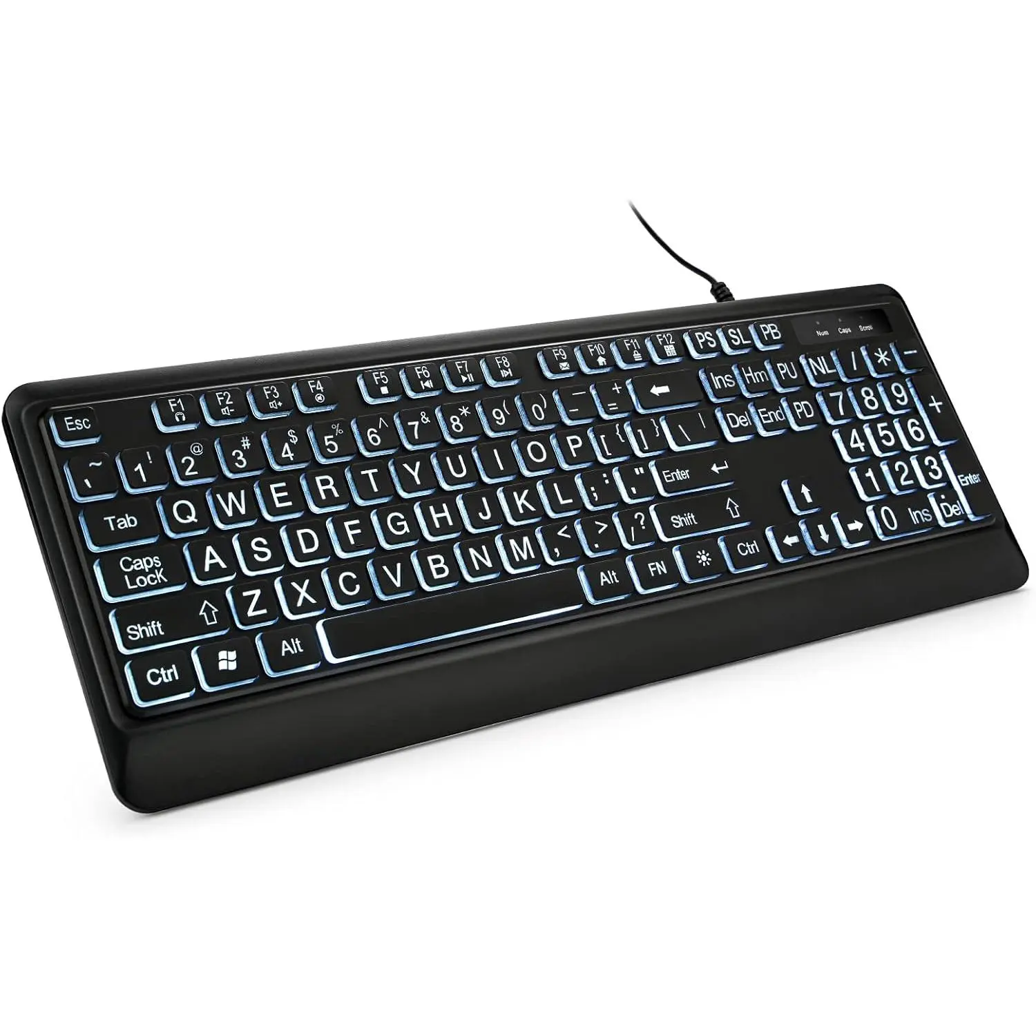 Large Print Backlit Keyboard, Quiet USB Wired Computer Keyboard, Full Size Keyboard with White Illuminated LED Compatible for Windows Desktop, Laptop, PC, Gaming, Black