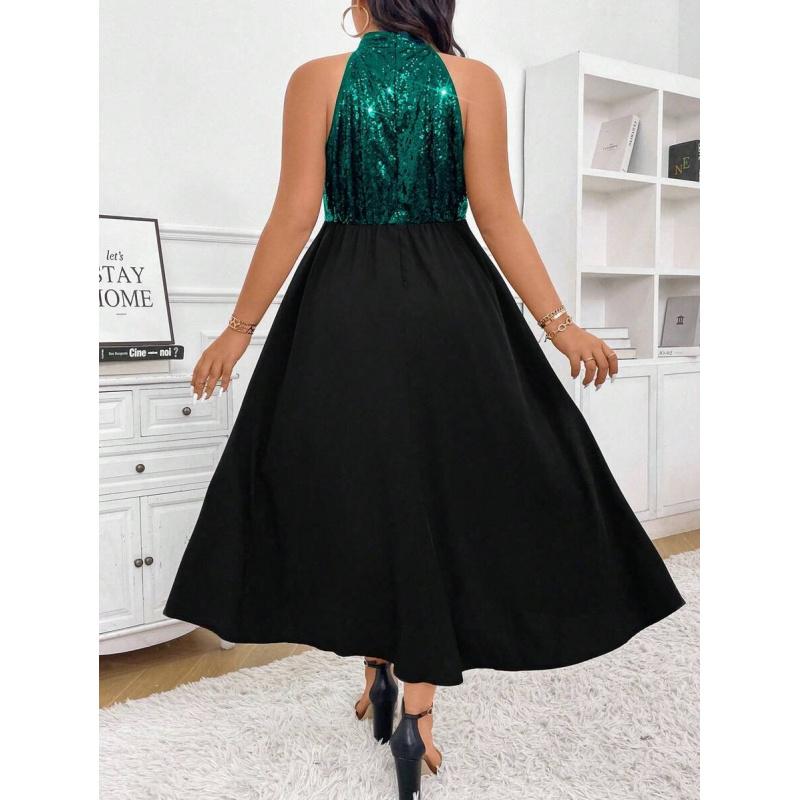 Plus Size Elegant Sequins Patchwork Wrap Hem Summer Dress Maxi Women Outfit