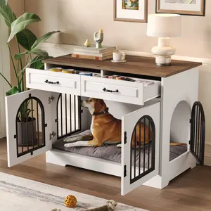 43.3" Dog Crate Furniture, Heavy Duty Indoor Dog Kennel with 2 Storage Drawers, Dog Cage with Side Doors for Medium Large Dogs, End Table Dog Crate, White and Brown