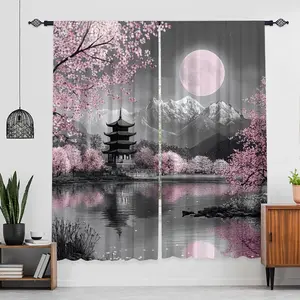 2-Piece Set Modern Polyester, Kitchen Decorative Curtains, Bedroom Decorative Curtains, Cherry Blossom Pattern Curtains for Home Decoration, Japanese Elegant Design, Easy to Install, Suitable for Living Room, Kitchen or Bedroom Decoration