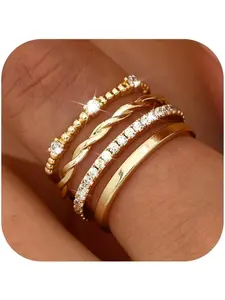Stackable Gold Rings for Women Non Tarnish 14K Gold Plated Minimalist Cubic Zirconia Statement Engagement Promise Band Rings Thin Dainty Knuckle Thumb Ring Set Size 5-10