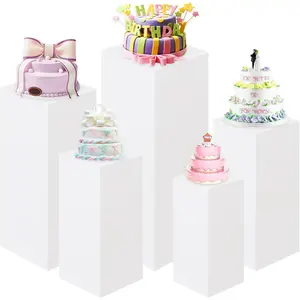 Premium Square Pedestal Stands, Set of 5 Reusable Metal Square Plinths Dessert Table Cube Display Pillars for Birthday Wedding Bridal Baby Shower Party Decorations (White)