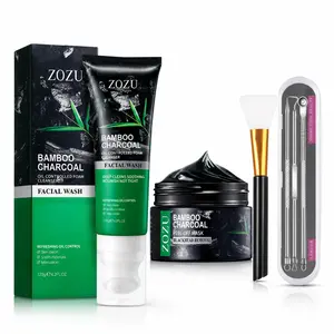 Bamboo Charcoal Blackhead Removal Kit, 4-Piece Peel-Off Mask Set with Oil-Control Facial Wash, Mask Brush & Extractor Tools for Nose Pore Care