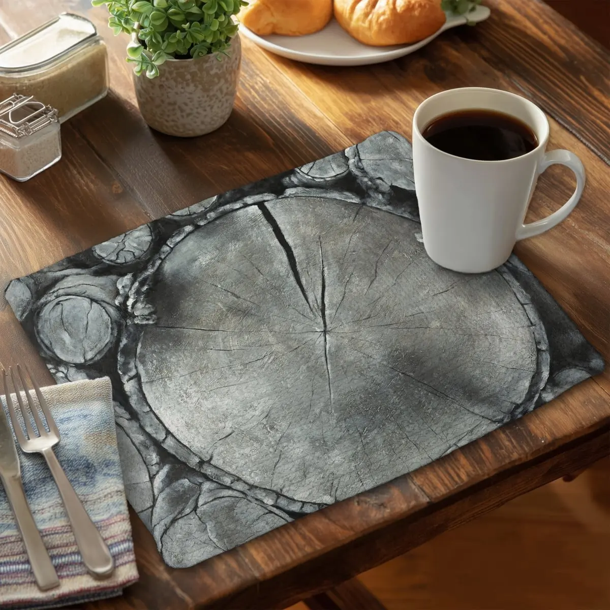360 Stand Rustic Kitchenware Placemat - 14x18 in White Braided Polyester, Stacked Log Design, Stylish Aesthetic Home Tableware Accessory, CBPM141838S7UY, Decorative Protective Placemats & Coasters