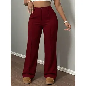 Women's High Waist Straight Leg Trousers, Elegant Burgundy Formal Work Pants for Office, Commute and Everyday Wear