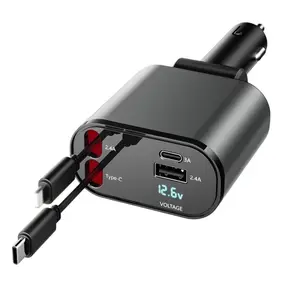 4 in 1 Retractable Fast Car Charger, Dual Stretch Cables(Type-C + Lightning) + USB-A & Type-C Ports, LED Digital Voltage Display Multi-Device Super Quick Charge Car Phone Charger Adapter for iPhone Android USB Smart Charger