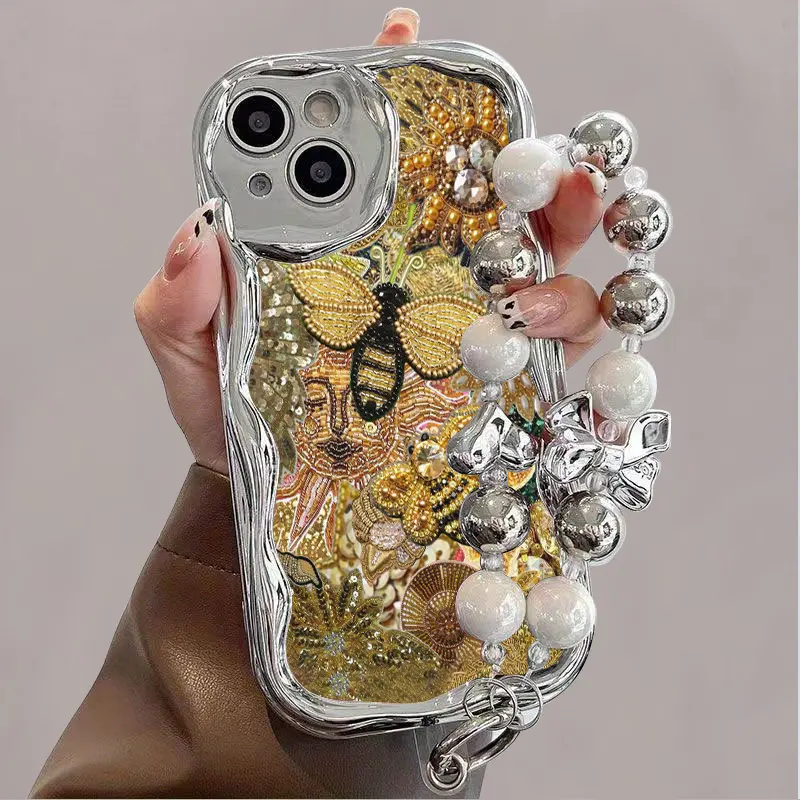 Silver Electroplated Curved Edge Smartphone Casing, Pearl Bracelet Lanyard, Drop-Resistant Durable Unique Thick Shockproof Cellphone Case for Handheld iPhone 16/Plus, 15, 14, 13, 12, 11 Pro/ProMax Devices