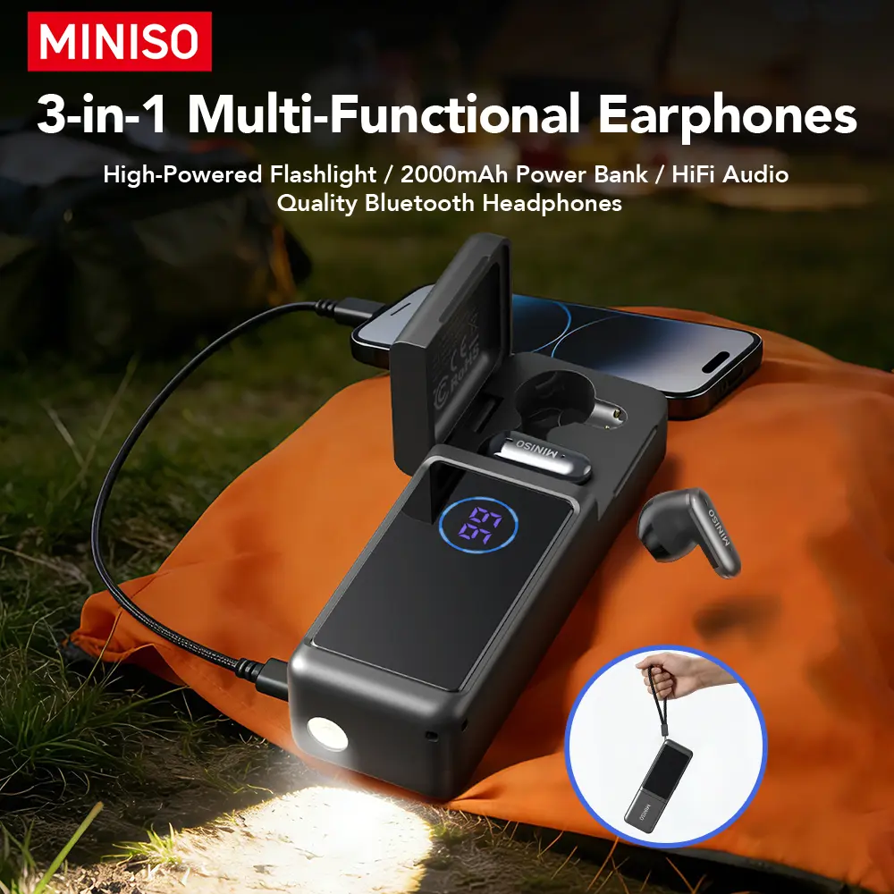 MINISO MS120 3-in-1 Wireless Earbuds, 2000mAh Power Bank & LED Flashlight, Portable Bluetooth Headphones for Camping