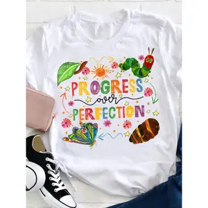 Caterpillar Brand Progress Over Perfection Women's Casual Teacher T Shirt Round Neck Short Sleeve Cotton Graphic Tee