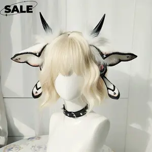 Halloween Devil Horns Headpiece Fantasy Creature Cosplay Convention Costume Hairband Realistic Faux Fur Moth Hair Accessories Masks White