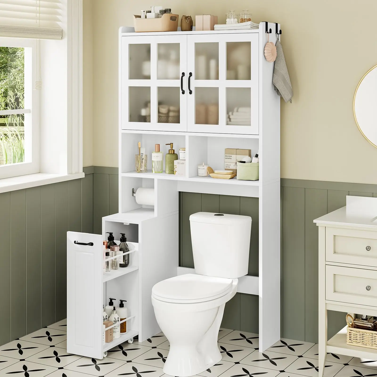 Over The Toilet Storage Cabinet with Pulley, Bathroom Storage Cabinet with Adjustable Shelf and Open Shelf & Glass Doors, Space-Saving Farmhouse Toilet Rack for Bathroom, Restroom, Laundry (Frosted Mirror-White)