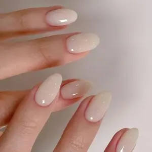 24pcs Clear Water Seal Nail Set, Milk Fine Glitter Oval Wearable Nails, Easy to Apply, Includes Jelly Glue and Nail File, Nail Tips
