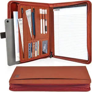 Vegan Leather Padfolio with Zipper - 8.5" x 11" Portfolio Organizer for Legal Pads & Spiral Notebooks - Professional Business Folder for Men and Women (Brown)