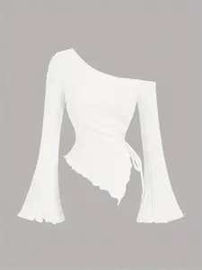 Women's Plain Ruched Asymmetrical Neck Long Sleeve Tee, Casual Elegant Drawstring Flounce Sleeve Top for Spring & Fall, Ladies Clothes for Daily Wear, Womenswear, Casual Classy Top