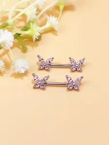 2Pcs Cute Butterfly Cubic Zirconia Nipple Nails, Hypoallergenic Stainless Steel Nipple Rings Straight Barbell, 14G 16mm Nipple Piercing Jewellery, Fashion Body Jewelry for Women