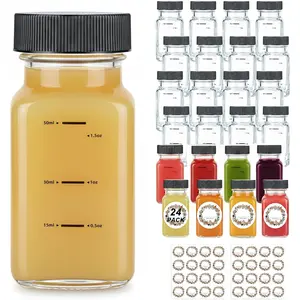 24 Pack 2oz Square Glass Shot Bottles with Black Caps – Leakproof Wellness Shot Glass Bottles with ml & oz Scale – Bulk Mini Glass Jars with Lids for Juicing, Ginger Shots