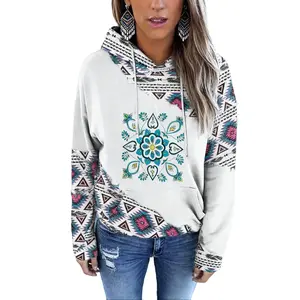 Women Boho Aztec Tribal Geometric Print Hooded Sweatshirt - Mandala Floral Patchwork Long Sleeve Drawstring Hoodie with Kangaroo Pocket, Casual Loose Fit Ethnic Style Pullover Top for Daily & Weekend Wear