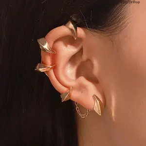 1PC Punk Multi Claw Cartilage Ear Cuff with Chain Link Stud Earring – Gold Plated Heavy Duty Gothic Ear Wrap | Hypoallergenic Zinc Alloy Fluid Statement Jewelry for Women Men