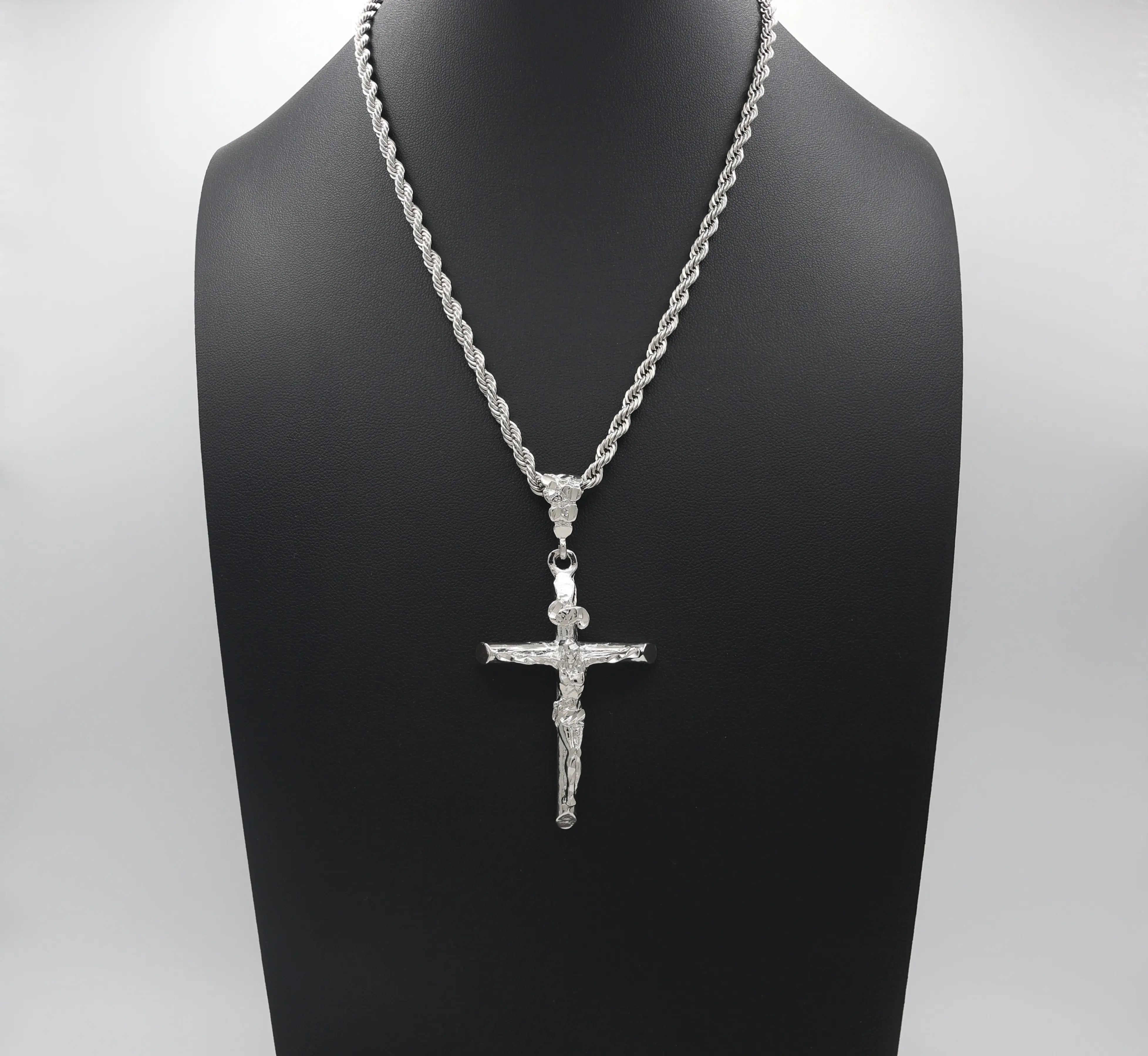 Silver Crucifix Necklace 4mm Rope Chain Cross Pendant For Men