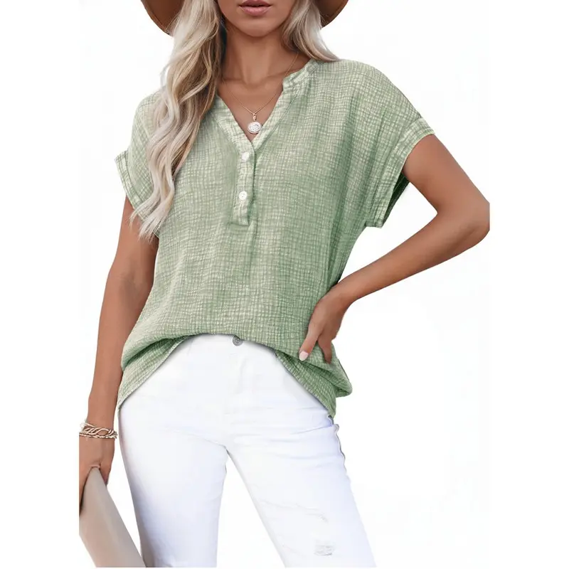 Dokotoo Women's Summer 2026 Boho Tops Casual Button Short Sleeve V Neck Shirts Solid Cotton Blouses